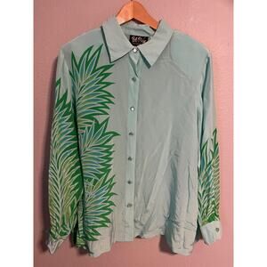Bob Mackie Wearable Art Shirt Womens 1X Silk Palm Leaf Print Button Up Artsy
